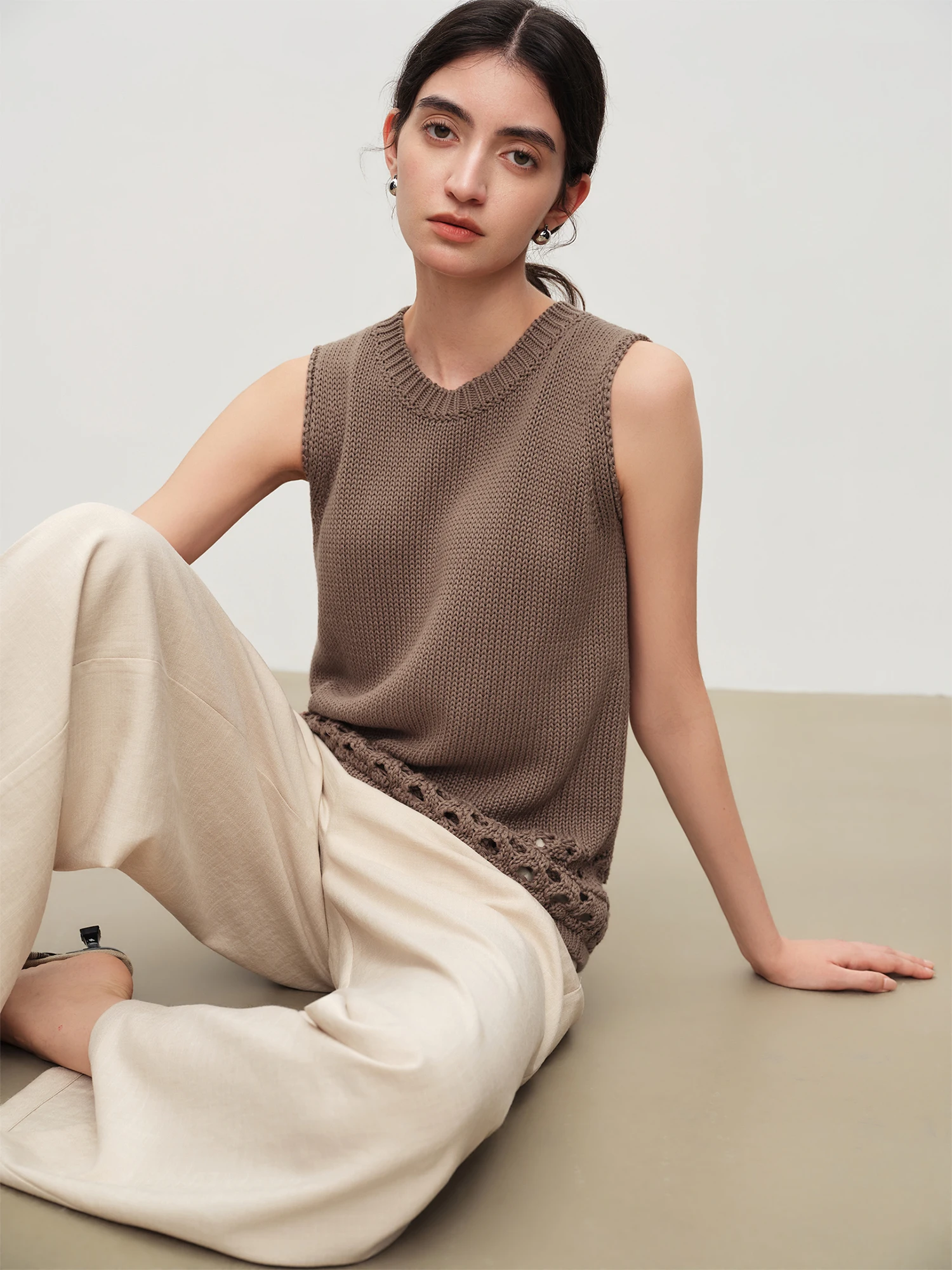 ZIQIAO Women Hollow Crochet Knit Sleeveless Top 2026 Summer New Arrival Textured Casual Tank Vest Cotton Contain Pullovers