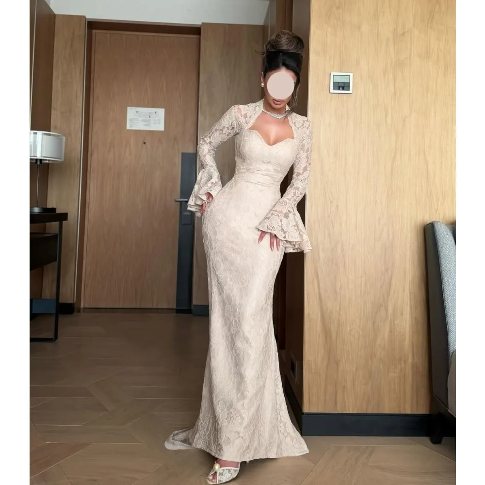 2026 Hot Sale Champagne Formal Dress Sweetheart Neck Flare Sleeve Lace Bodycon Maxi Gown Women Evening Party Wedding Guest