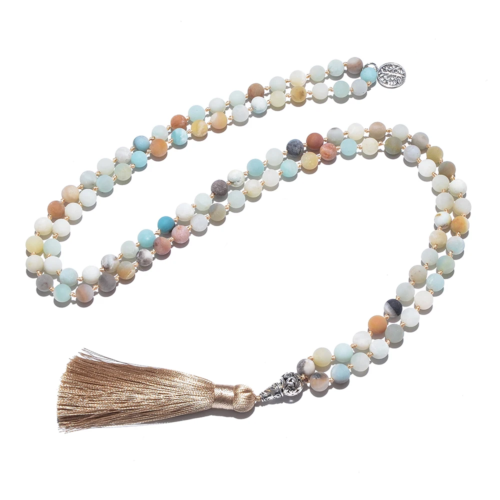 8mm Natural Mattle Amazonite Beaded Knotted 108 Mala Necklace Meditation Yoga Prayer Japamala Rosary For Men and Women
