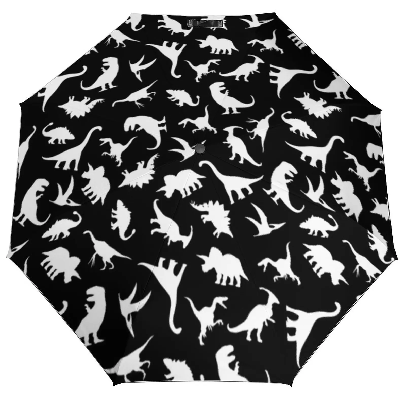 Fun Dinosaurs Umbrella White on Black Graphic Cute Dino Wind Proof Auto Umbrella Aesthetic Design Folding Summer Umbrella