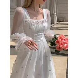 Autumn Spring White Mesh Fairy Dress Woman French Vintage Embroidery Floral Flare Sleeve Princess Prom Dresses Vestido