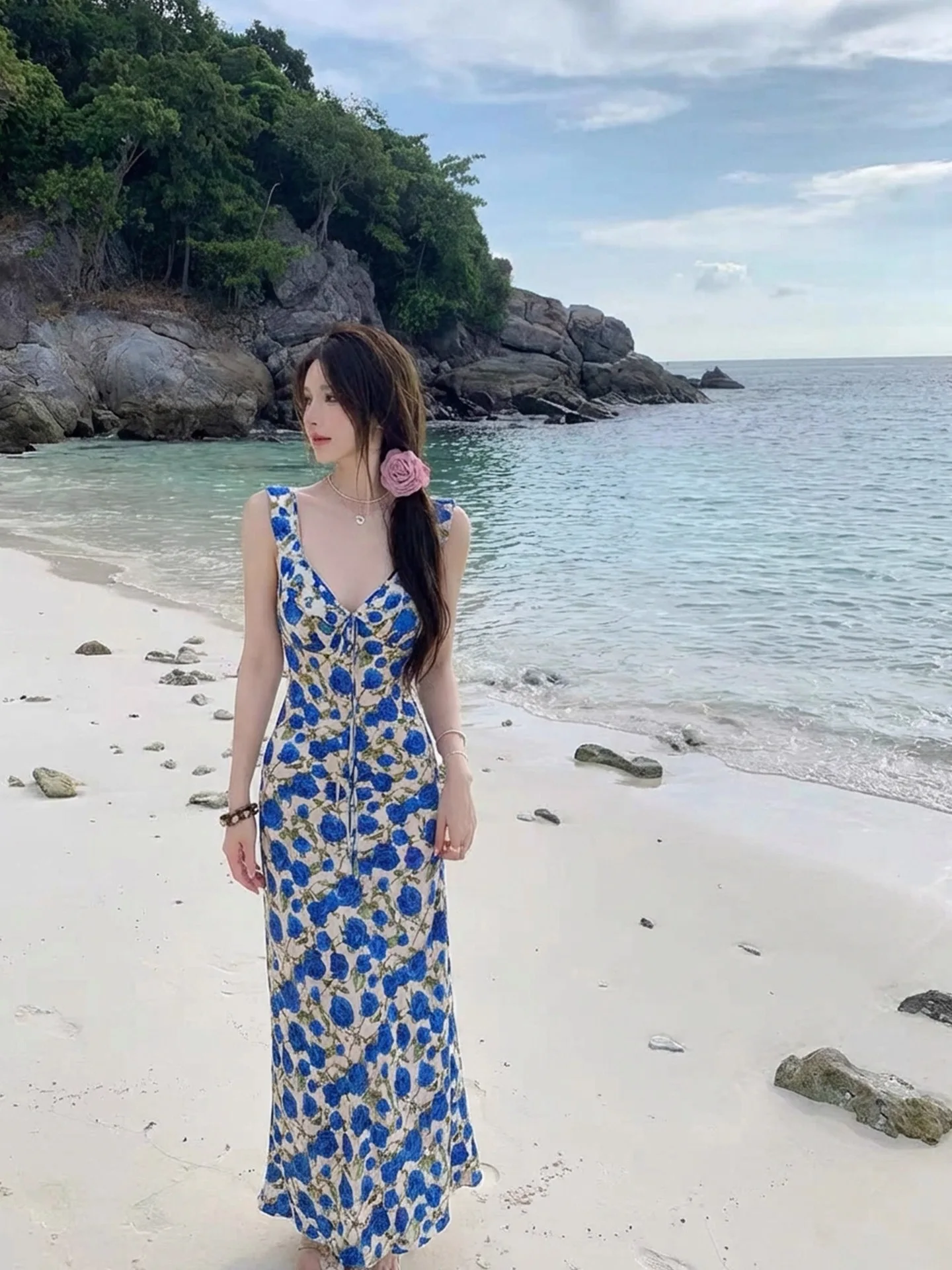 Vestido Halter con Estampado Floral Azul Klein, Estilo Vacaciones de Verano, Cuello en V, Cintura Ajustada, Vestido de Playa para Mujer, Ropa Casual