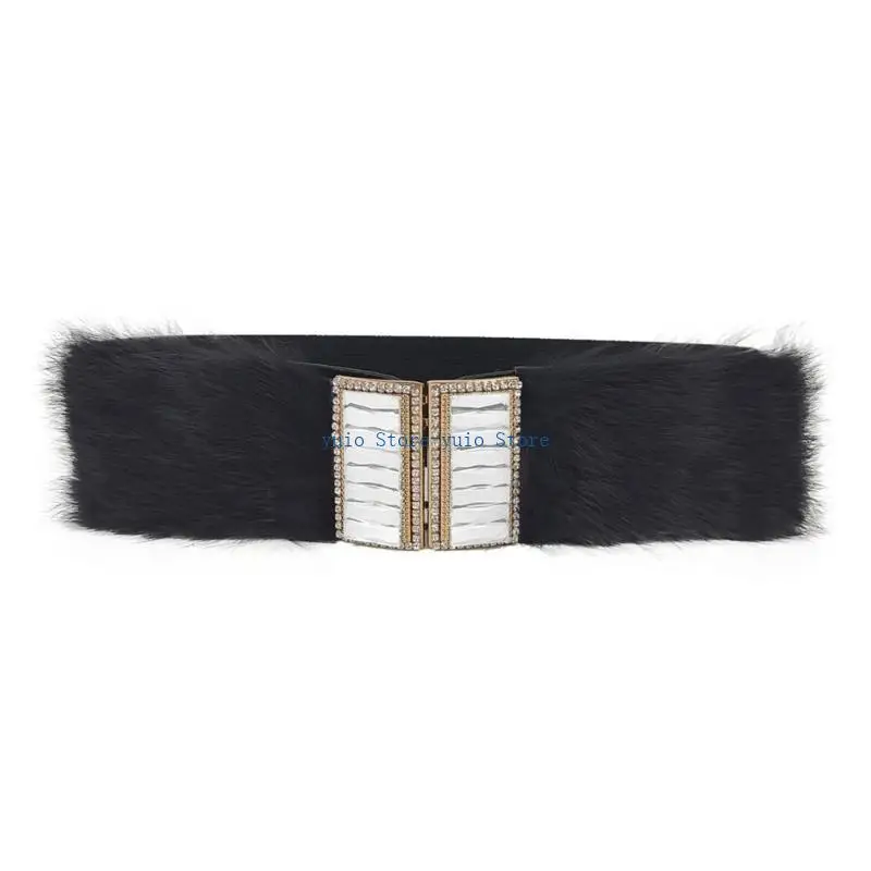 

X7XB Fashion Faux Furs Elastic Wide Belts for Women Stretch Thick Waist Dress Decors