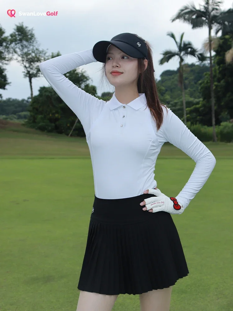 2024 Golf Women\'s Autumn Winter New Style Lapel Simple Long-sleeved T-shirt Windproof Warm Inner Wear Sports Top Pleated Skirt