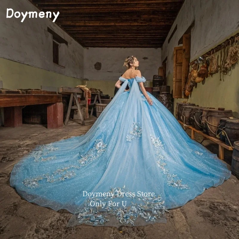 Doymeny Off Shoulder Sparkling Tulle Quinceanera Dresses Appliques Long Train Sweet 16 Dress vestidos de 15 quinceañera