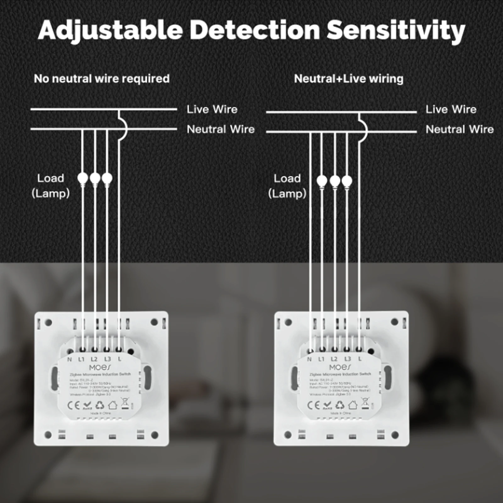 MOES Tuya Zigbee Smart mmWave Radar Interruptor de pared con detección de presencia humana, cable neutro opcional, compatible con Alexa y Google