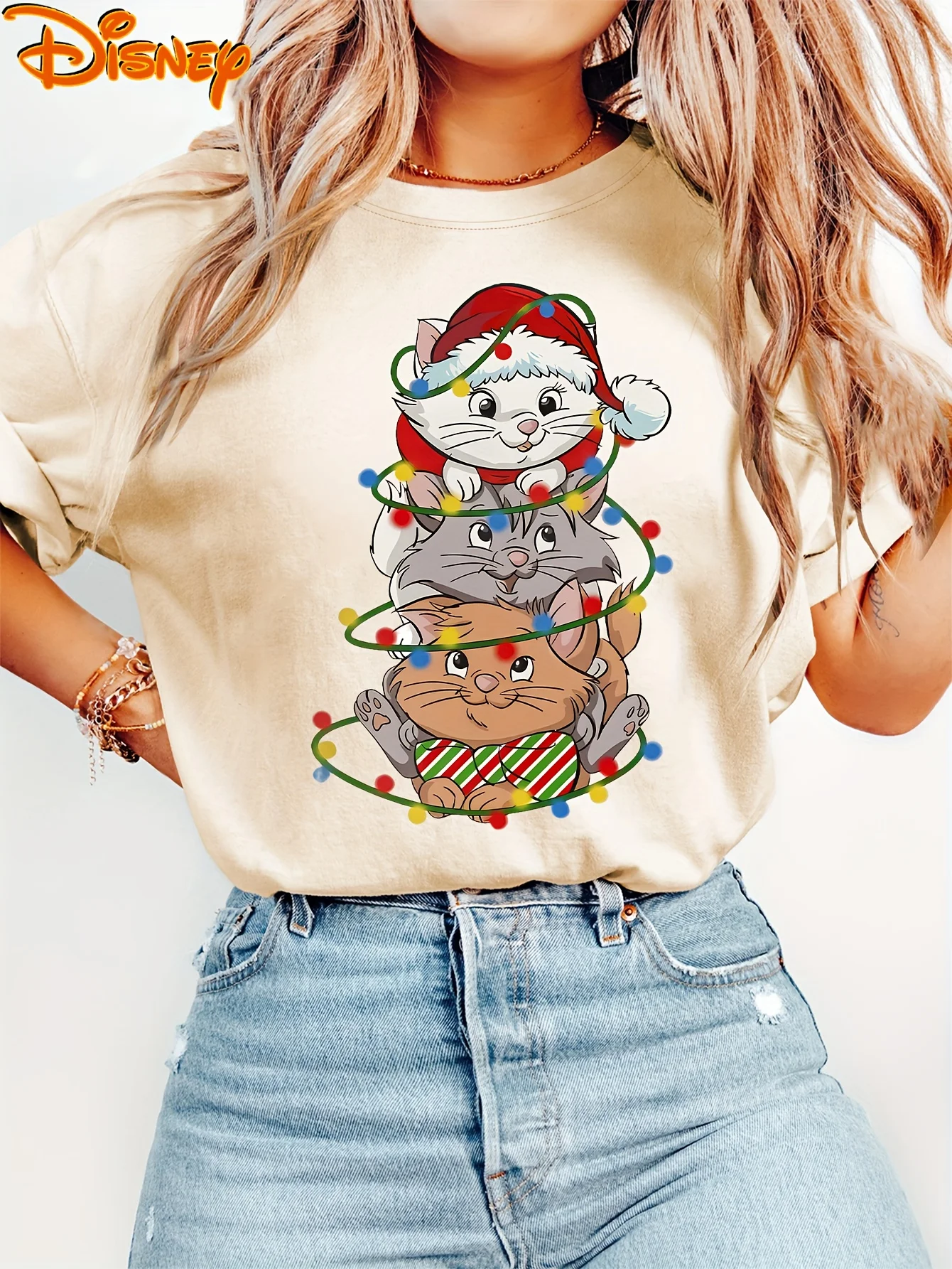 Disney Christmas Aristogatti Marie Cat Luci impilabili T Shirt Vintage Donna Uomo T-shirt in cotone O-Collo