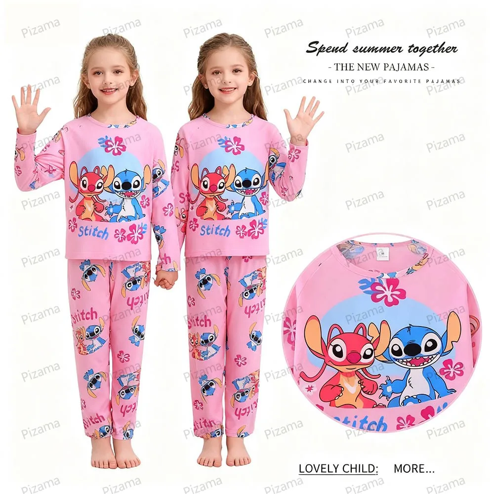 طقم بيجامة للأطفال بأكمام طويلة مع طابع غرزة باللون الوردي، ملابس مريحة للأطفال، ملابس نوم منزلية، ملابس نوم ليلو وستيتش