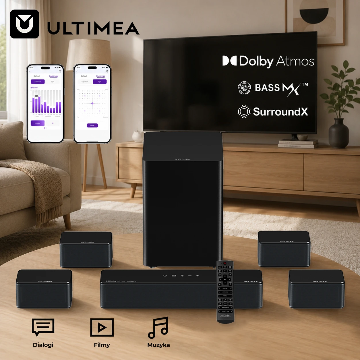 ULTIMEA 500W 7.1 Dolby Atmos Soundbar für Smart TV, 4 Surround-Lautsprecher & Kabelloser Subwoofer, Heimkino Bluetooth-Lautsprecher, Bass-Boost, Unterstützt HDMI EARC, App-Steuerung