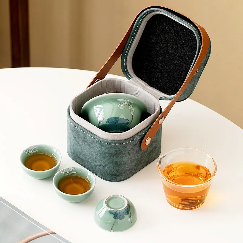 Chinoiserie Mutton-fat Travel Tea Set Travelling Kungfu Tea Set Leather Suitcase Packaging For Self Use Chinese Style Gift