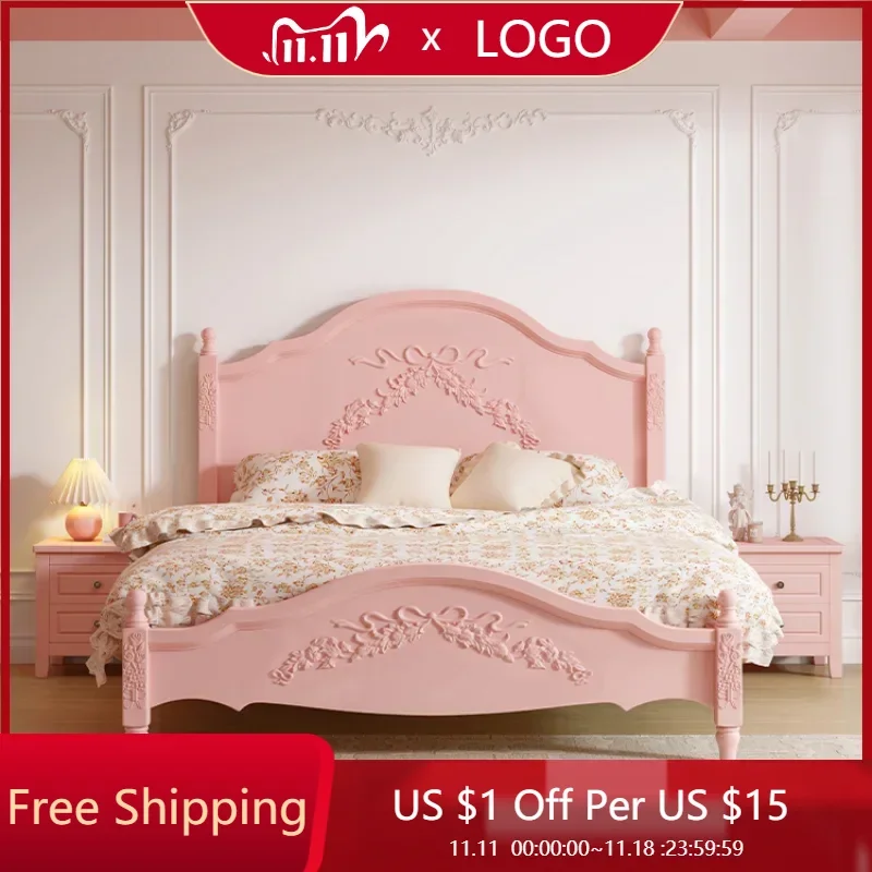 

American Princess Pink Double Bed Girls Modern Pretty Luxury Solid Wood Bed Queen Size Loft Cama Matrimonial Bedroom Furniture