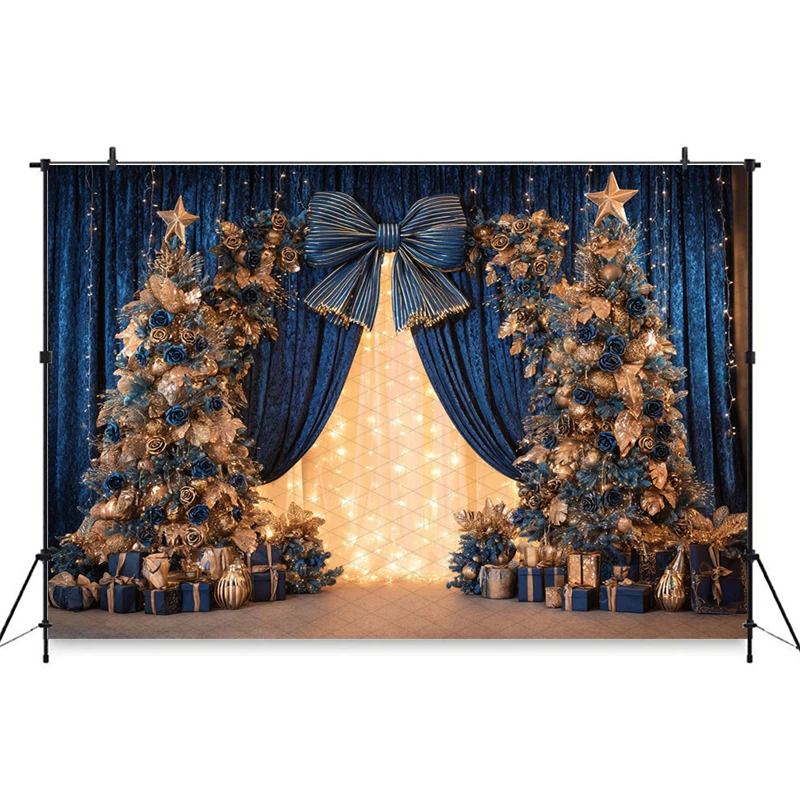 Mocsicka 크리스마스 사진 배경 새해 파티 파란색 커튼 나무 꽃 장식 가족 성인 어린이 사진 배경