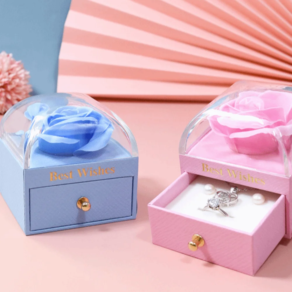 Paper Rose Jewelry Box Macaron Color Series Sponge Core Jewelry Storage Case Artificial Rose Decor Flower Shaped
