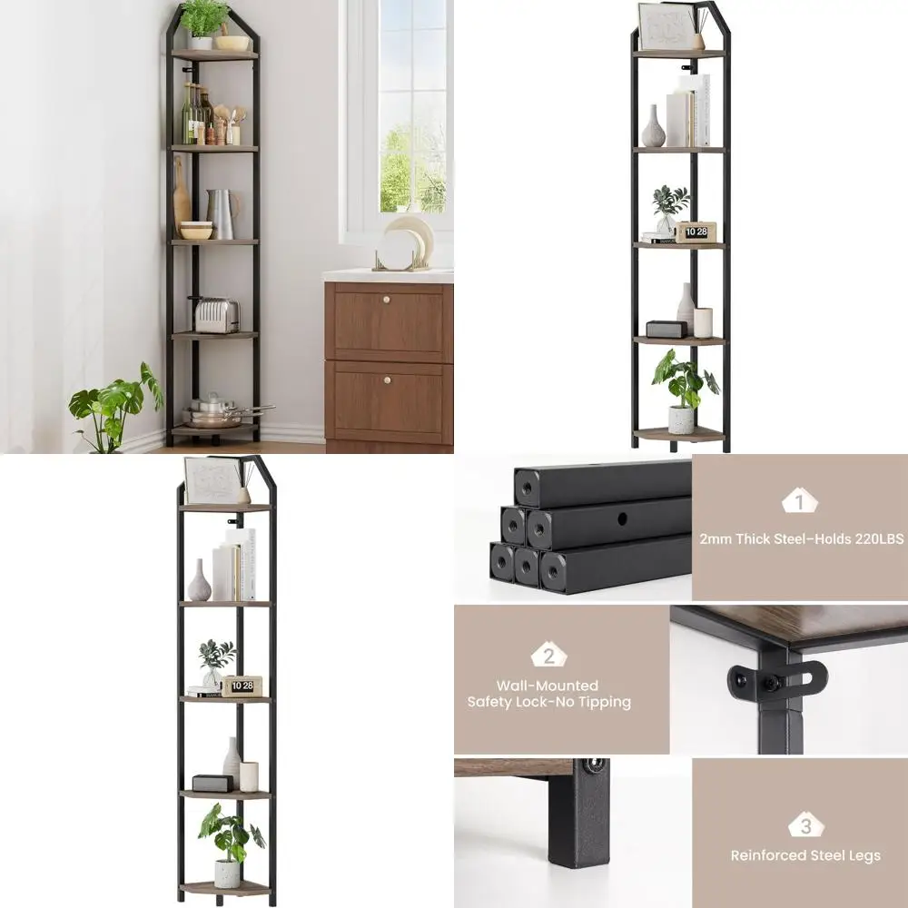 

70 High 5-Tier Bookshelf and Plant Stand, Durable Storage for Home Office and Living Room - Grey