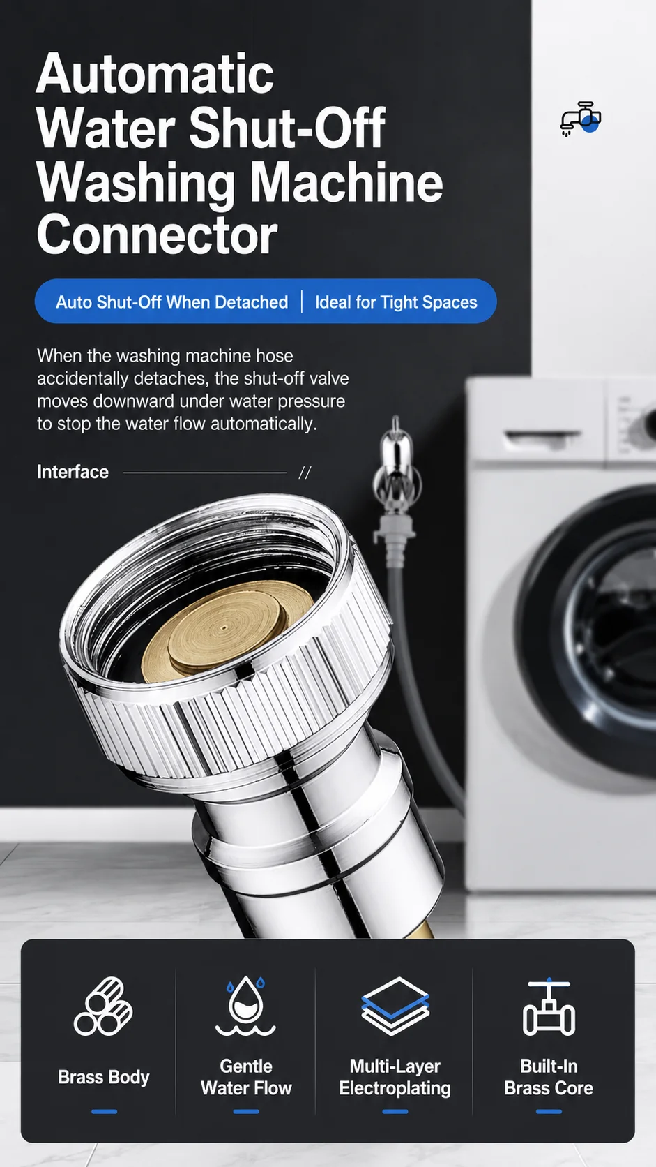 G1/2 Washing Machine Faucet Adapter Auto Shut Off Leak Proof Quick Connector Anti Drop Valve