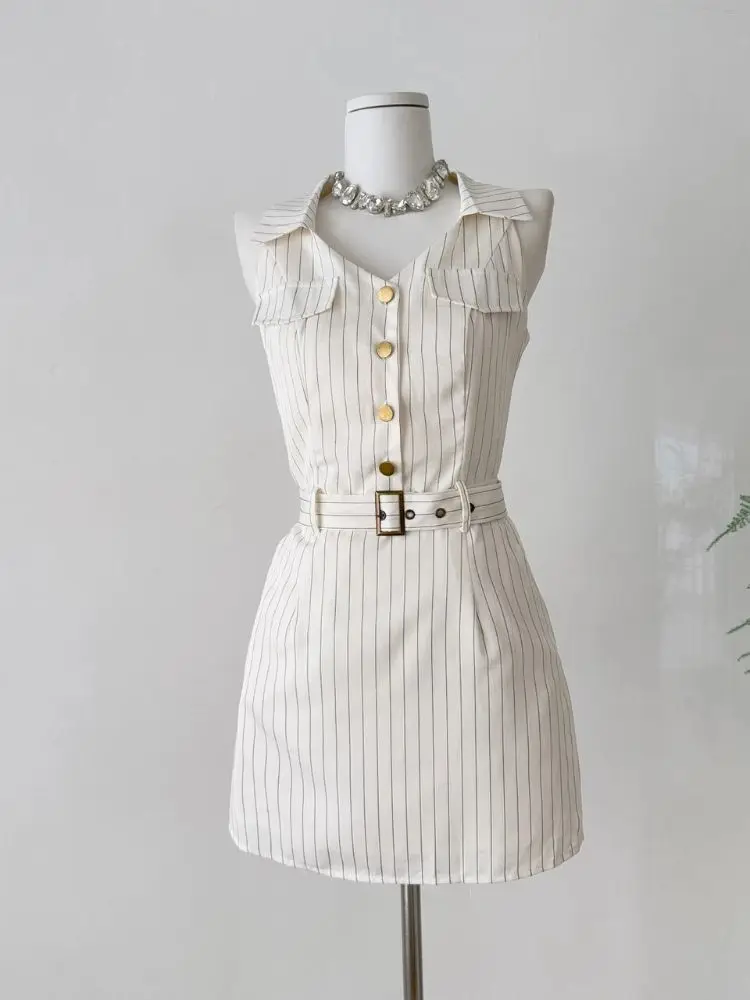 

Chic Summer Women's Sleeveless Striped Mini Dresses With Belt Elegant Vintage Evening Party Gown New Arrival 2025 Fashion Style