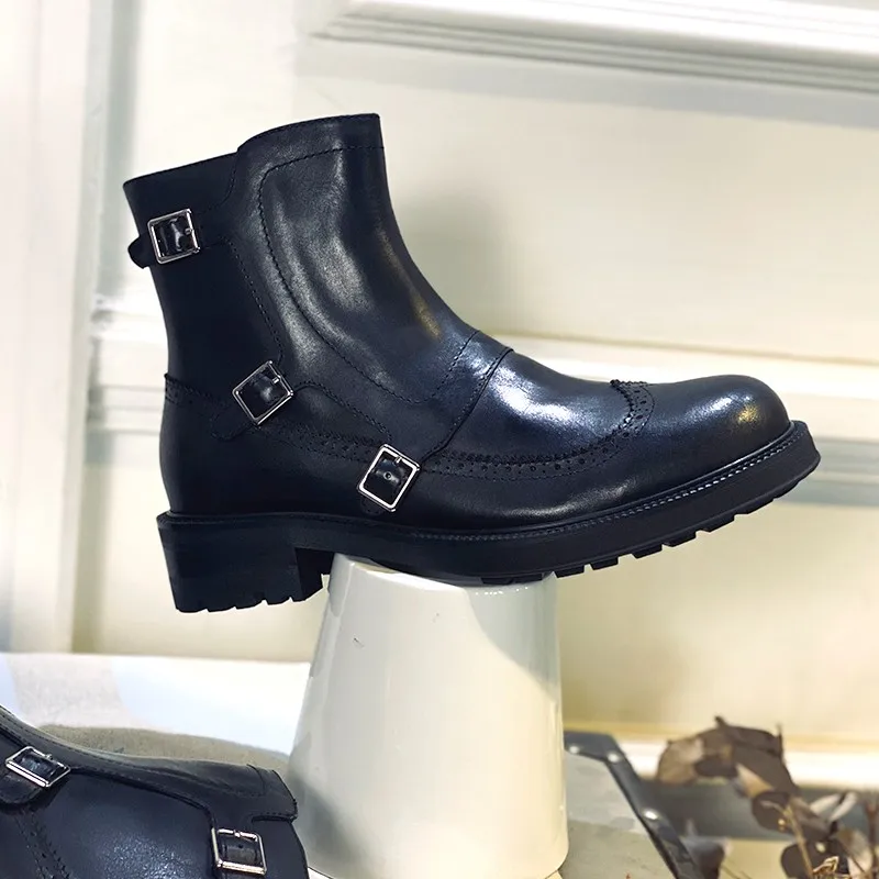 JINIWU 2026 Autumn Winter Men Big Toe Leather Boots Three Buckles Height Increasing Round Toe Chelsea Monk Street Trendy Boots
