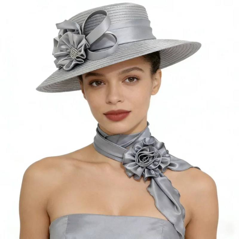2pcs Set Fashion Floral Wide-brimmed Hat + 3D Rose Decoration Scarf  Church Derby Dress Elegant Temperament Party Bride Dress