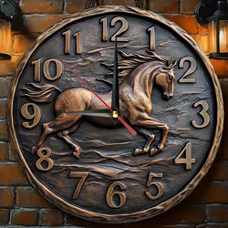 Wooden wall clock with a galloping horse design. Ideal for home or office decor. Requires AA batteries