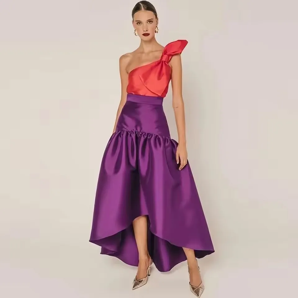 Bright Line Decoration Long Asymmetrical Maxi Skirt 2025 Newest Dark Purple High Low Satin Women Skirts