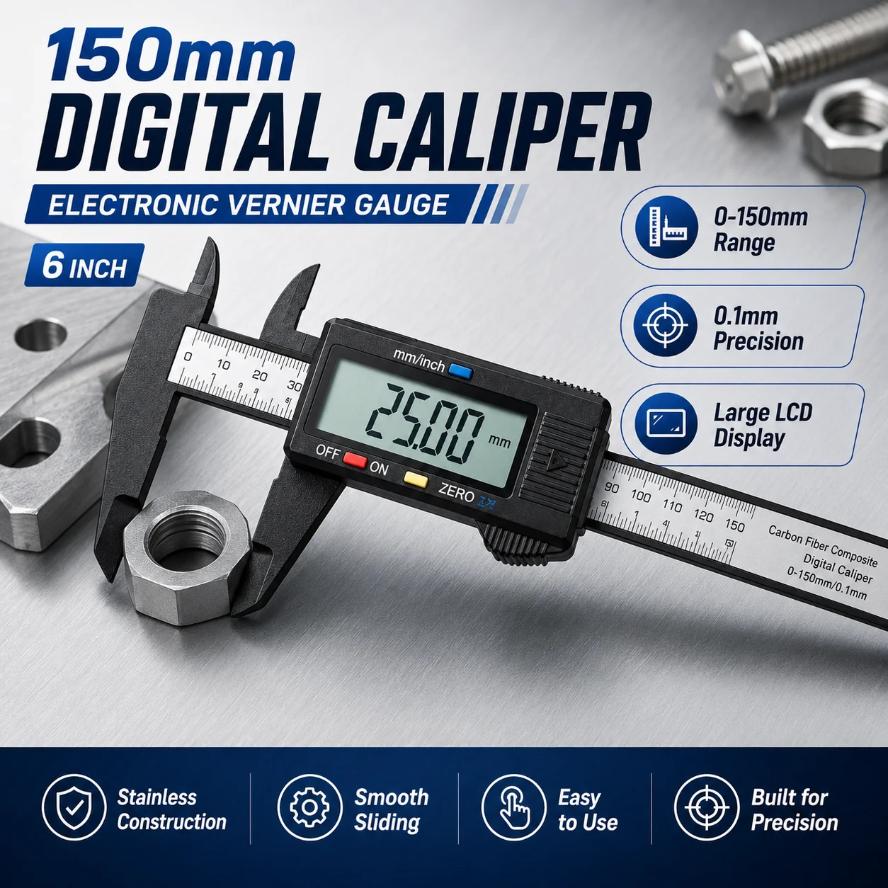 150mm 0.1mm Digital Caliper, 6 Inch Electronic Vernier Gauge for DIY Woodworking Jewelry Measuring, Digital Ruler Tool