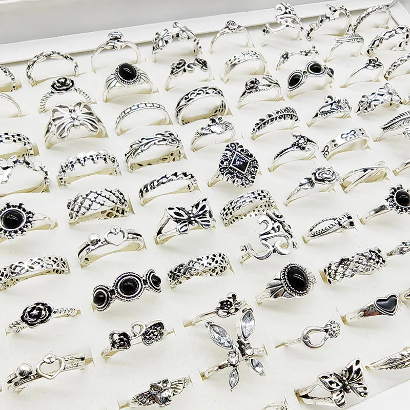 50 teile/los Mix Stil Vintage Finger Ringe für Frauen Schwarz Acryl Emaille Hohle Blume Design Ring Ausschnitt Schmetterling Schmuck Mädchen – Detail 7