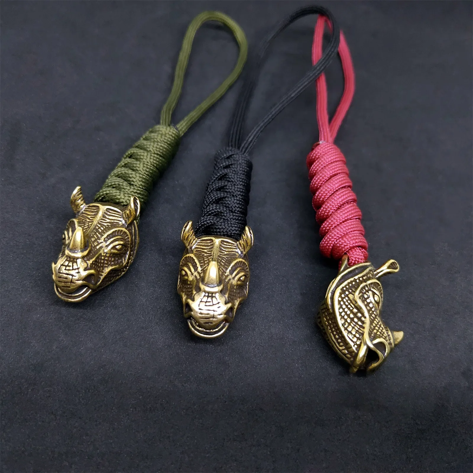 Paracord braided pendant Retro Brass Rhino head DIY Lanyard Knife bead Ornaments Bag hanging Rope Handmade