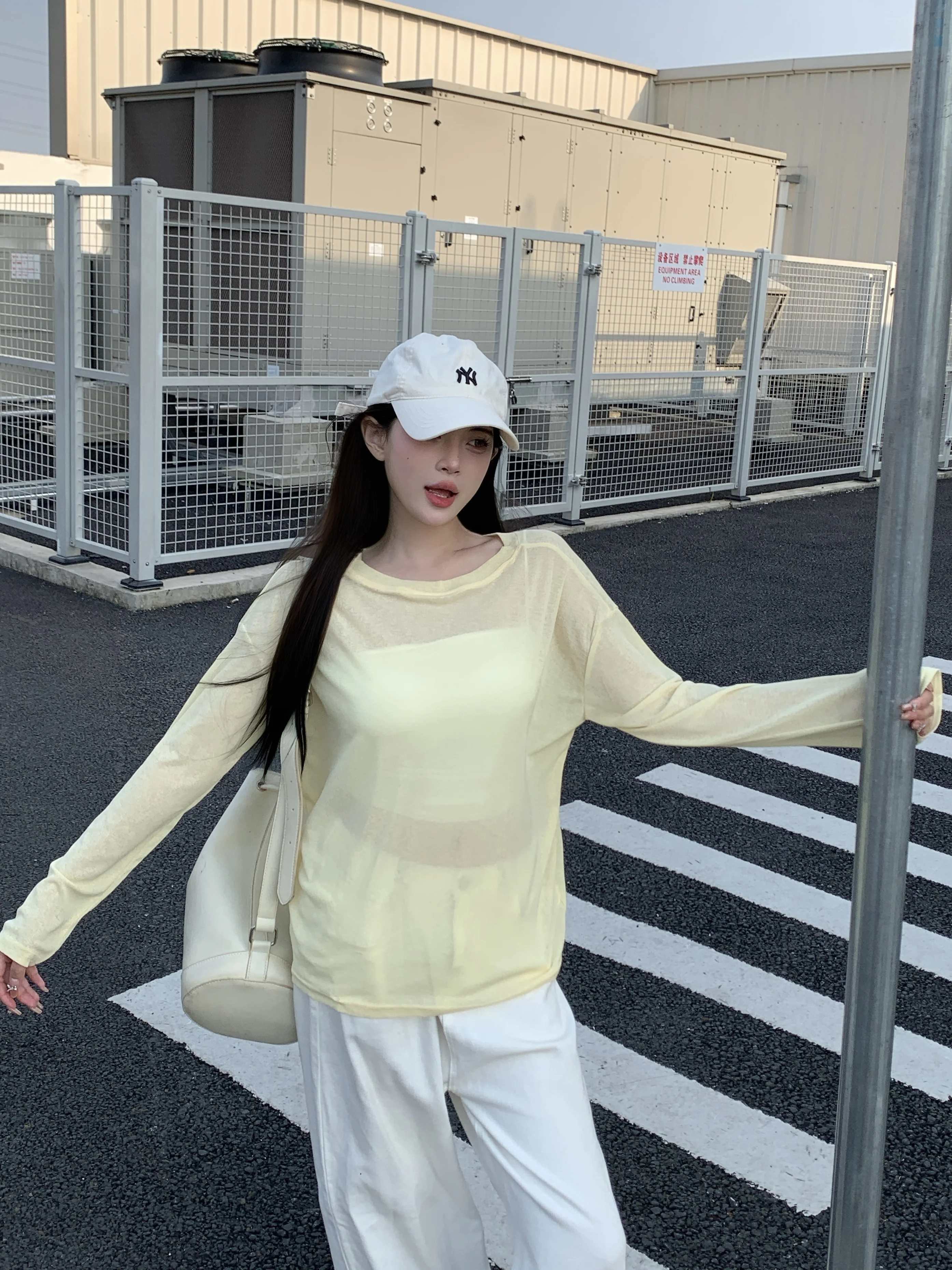 المرأة الصيف انظر من خلال الحرير الجليد طويلة الأكمام س الرقبة فضفاضة تي شيرت سيدة عادية بلون البلوز الشمس واقية محبوك تي شيرت