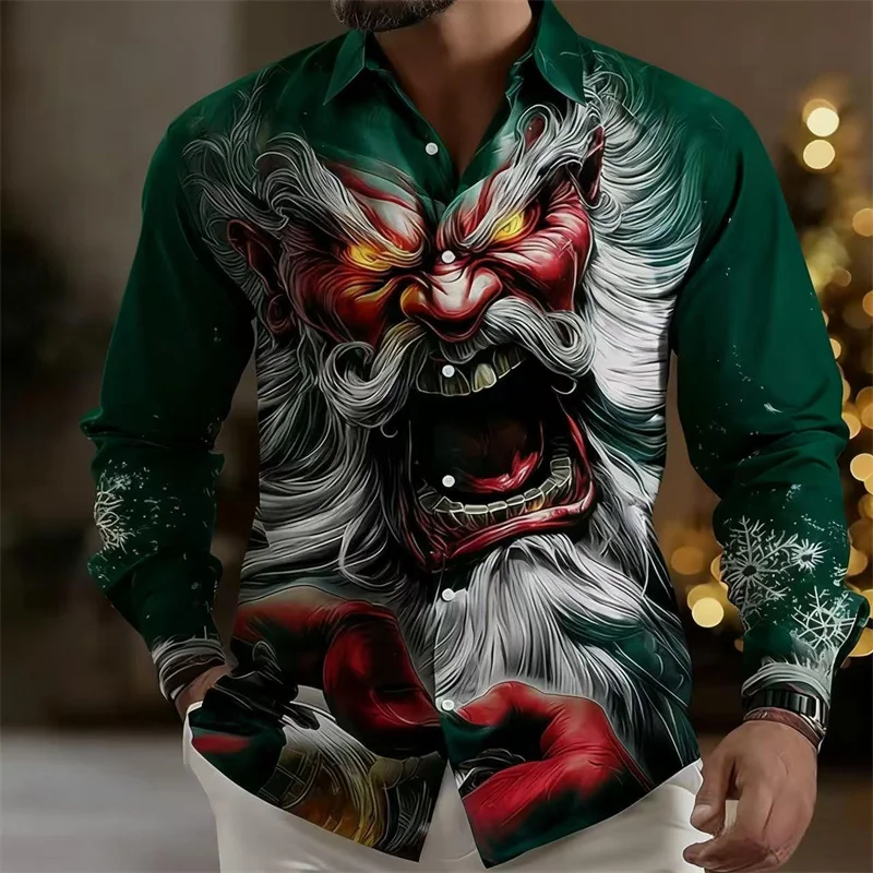 2025 Men's Happy New Year Santa Claus Casual Men's Button up Shirt Long Sleeve Evening Party Daily Autumn/Winter Spring/Summer C