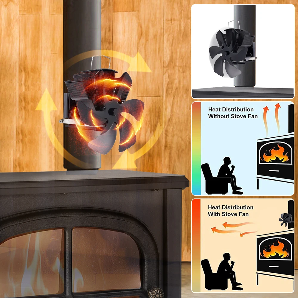 6 Blades Fireplace Fan Wall Mounted Heat Powered Stove Fan Efficient Heat Distribution Wood Log Burner Fireplace Heating Fan