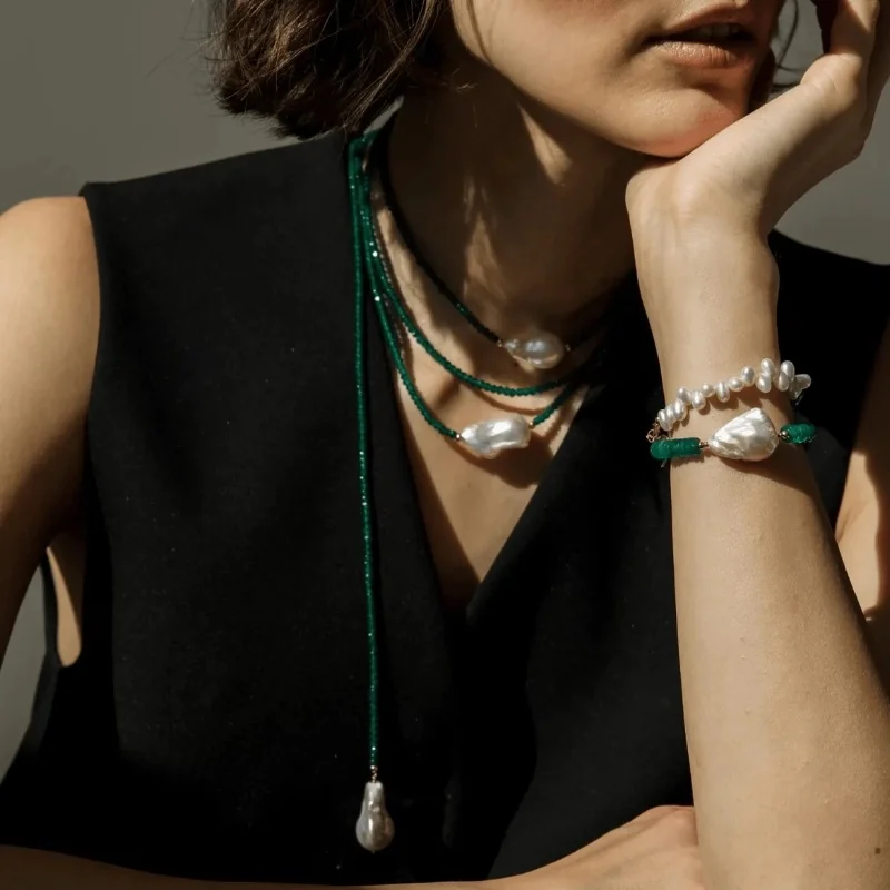 

Big long natural freshwater Sweater necklace irregular Green Agate pearl Jewelry Party Wedding Gift For Women Original X737