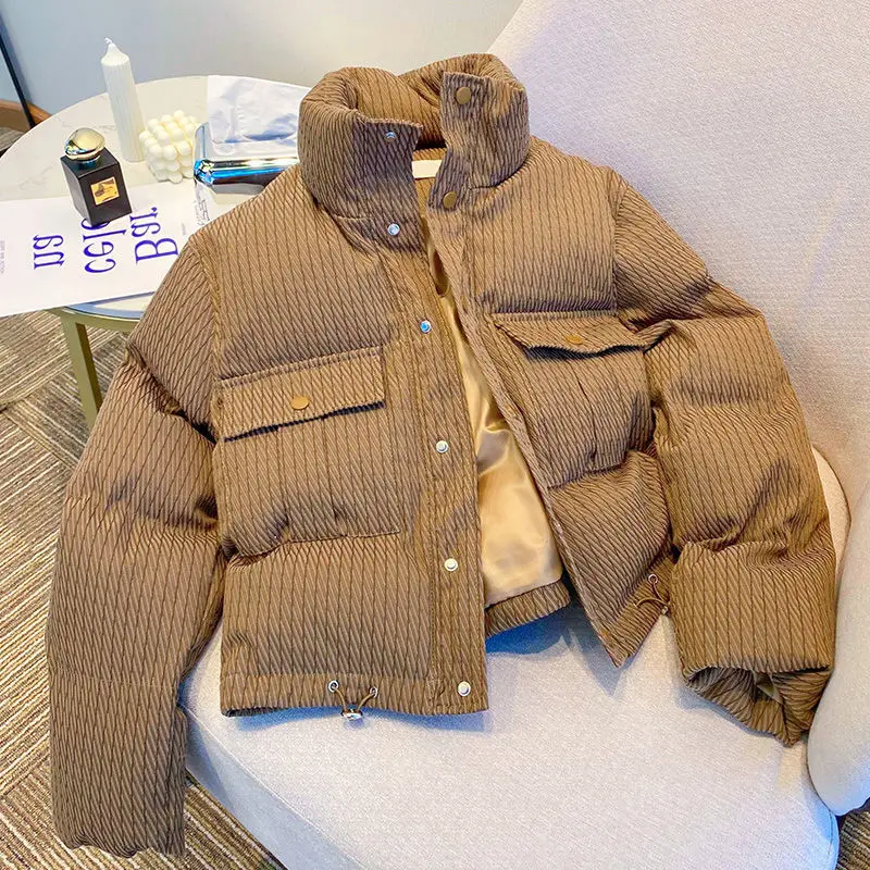 Winter Khaki Thicken Short Parkas Women Loose Zipper Up Warm Parkas Jacket Woman Fashion Button Stand Collar Parka Female