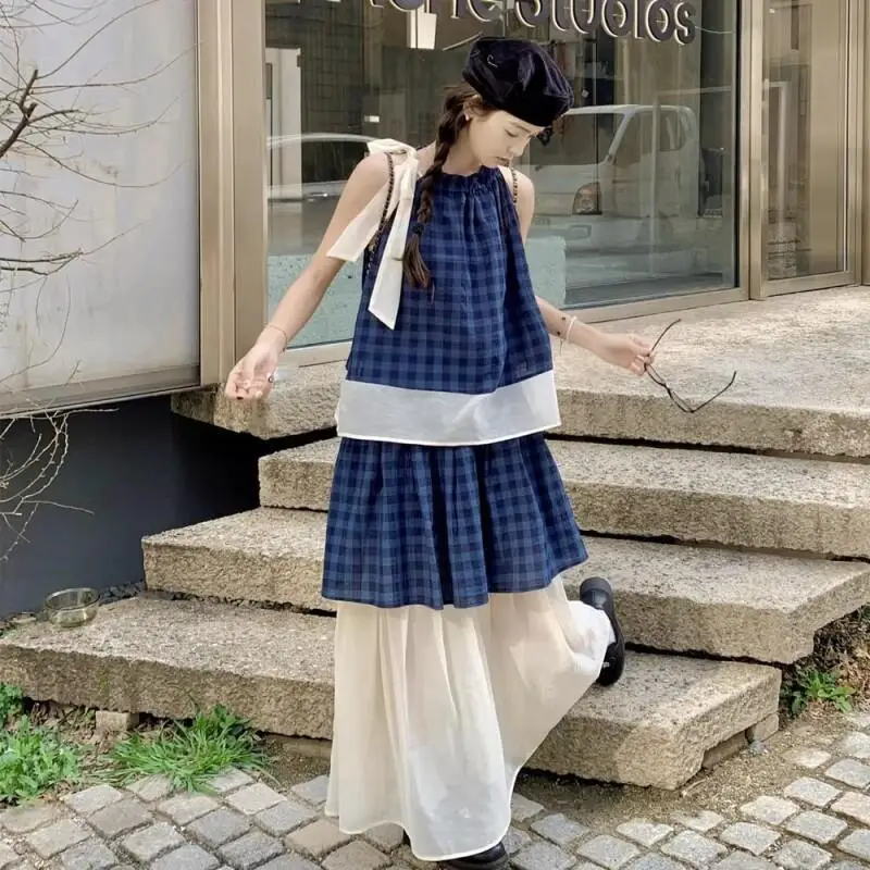Women's Blue Plaid Two Piece Set Sleeveless Halter Top with Tulle Skirt Casual Loose Summer Outfit Beach Vacation Bohemian Suit view 3