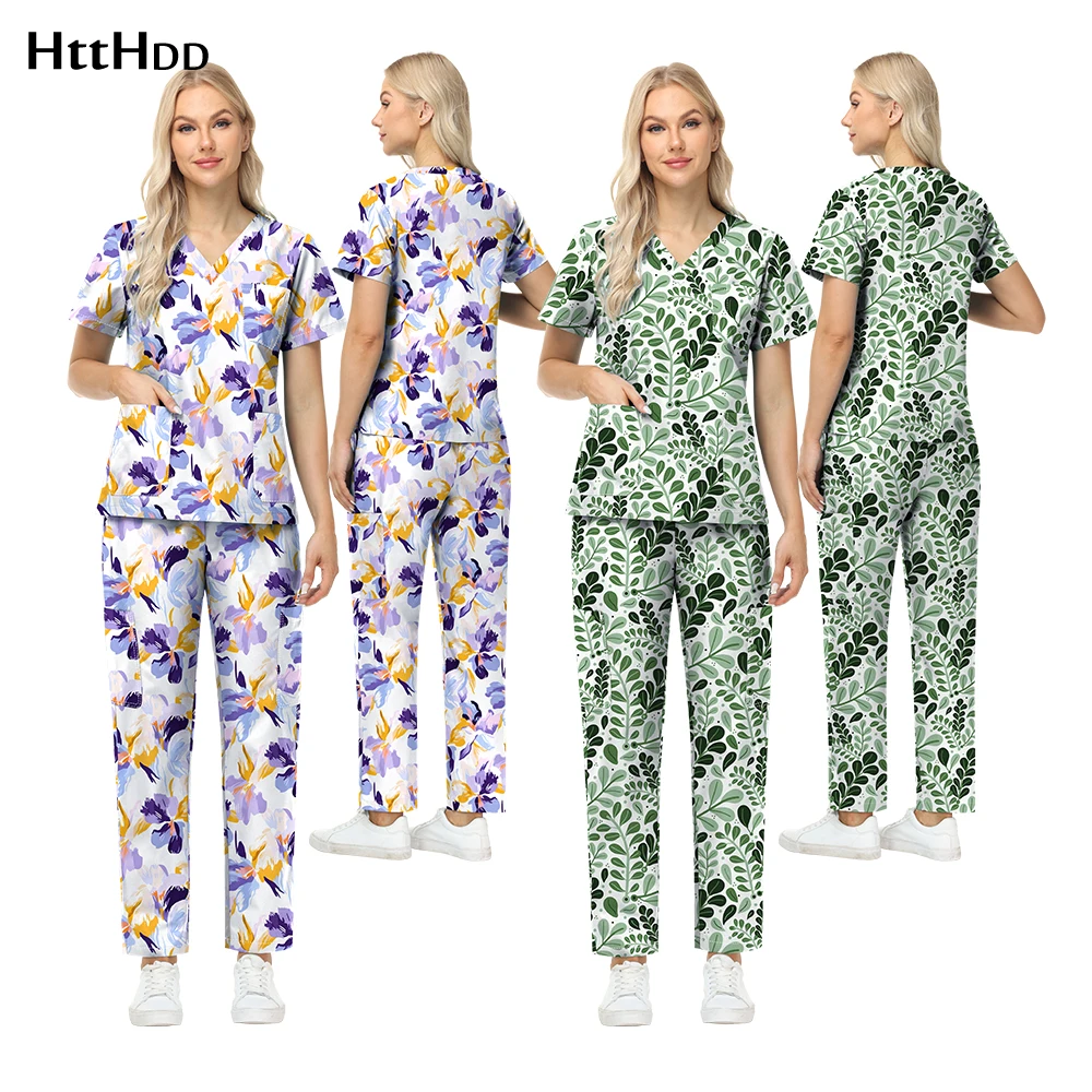Cotton Printed Scrub Tops Pants Sets Doctor Cartoon Floral Print Medical Nurses Scrubs Uniforms Set Breathable Soft Work Clothes