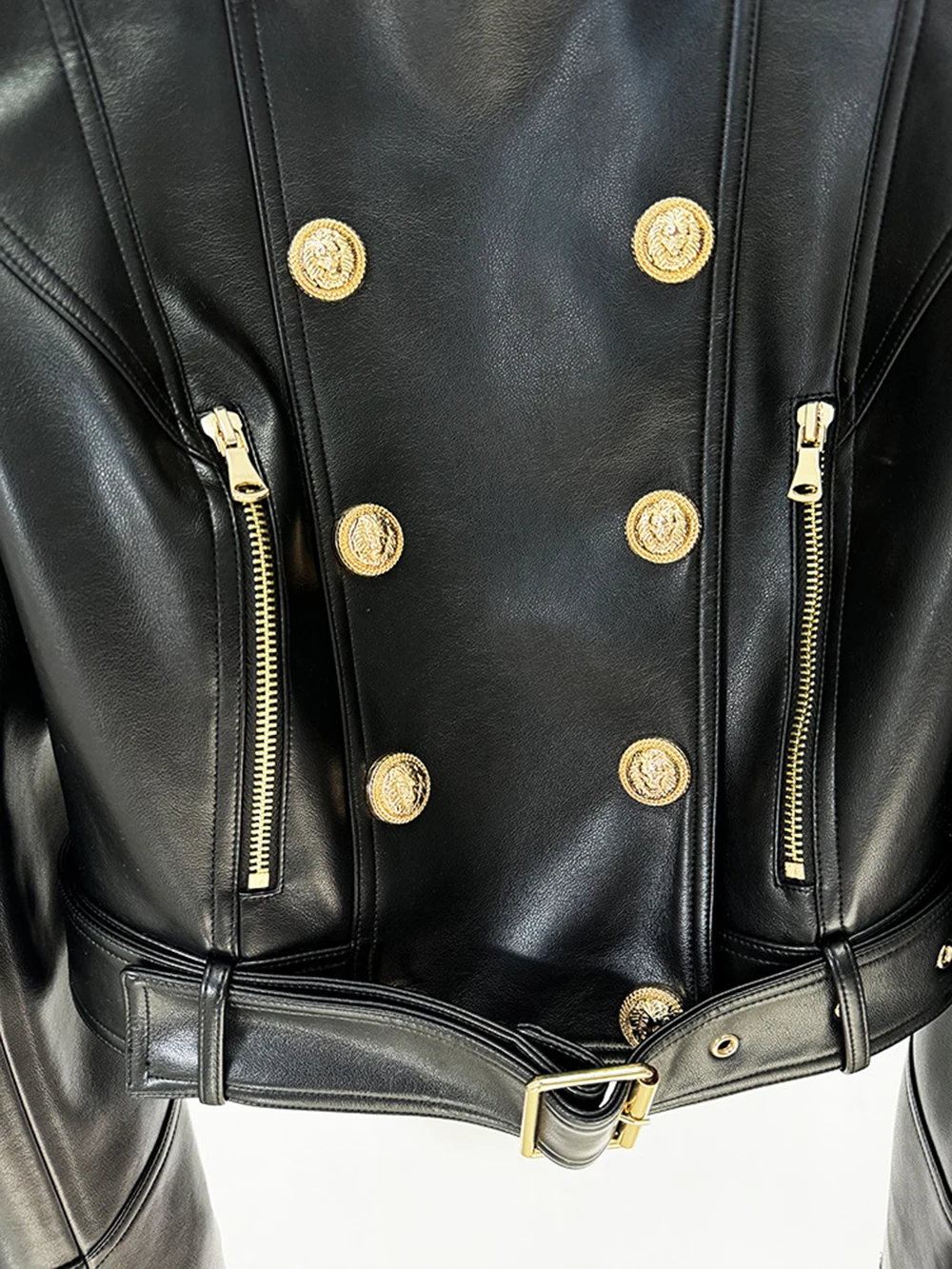 Modphy 2026 New Slim Double Dreasted Pu Faux Leather Short Jacket with Belt Streetwear Female Retro Moto Biker Coat Outwear