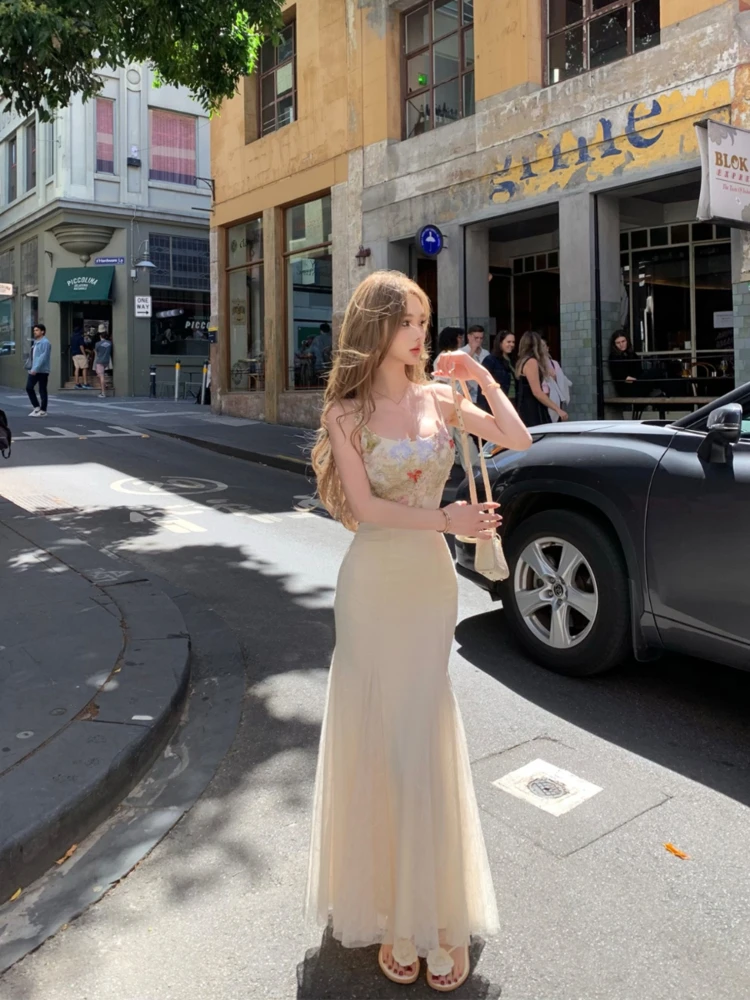 Floral Lace Midi Dress Women French Elegant Vintage Dress Evening Party Clothing Y2k One Piece Dress Korean Fashion Beach Style