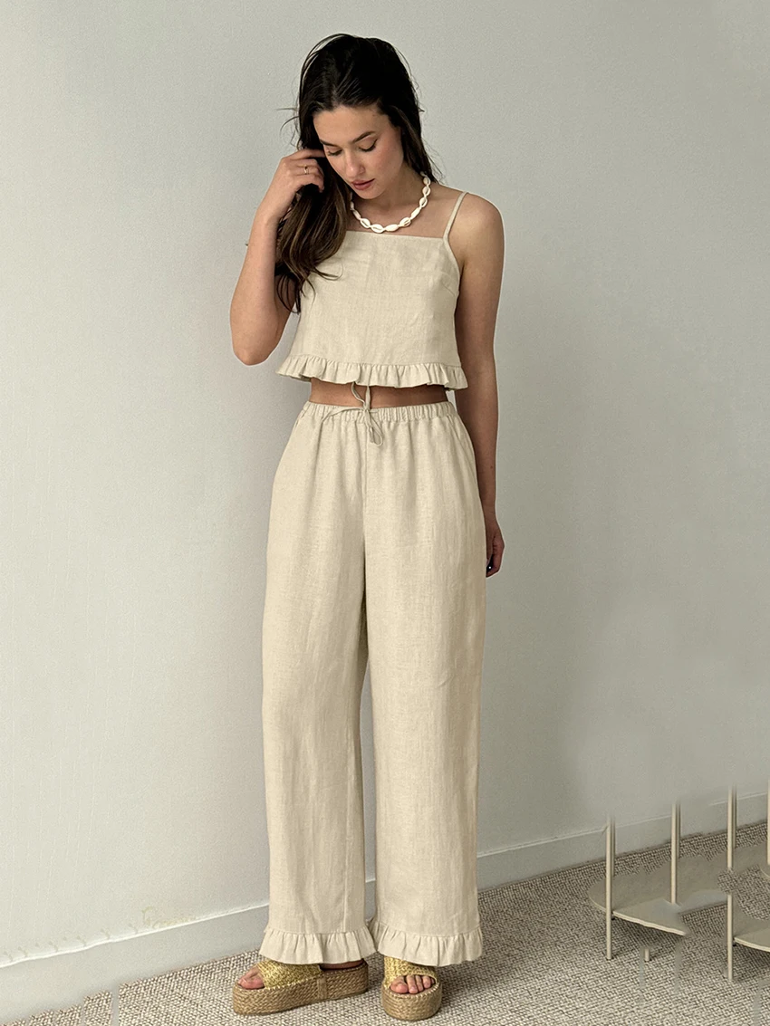 Marthaqiqi Cotton Ladies Nightgowns Set Spaghetti Strap Sleepwear Tank Tops Pajamas Crop Top Nightwear Pants Causal Home Clothes