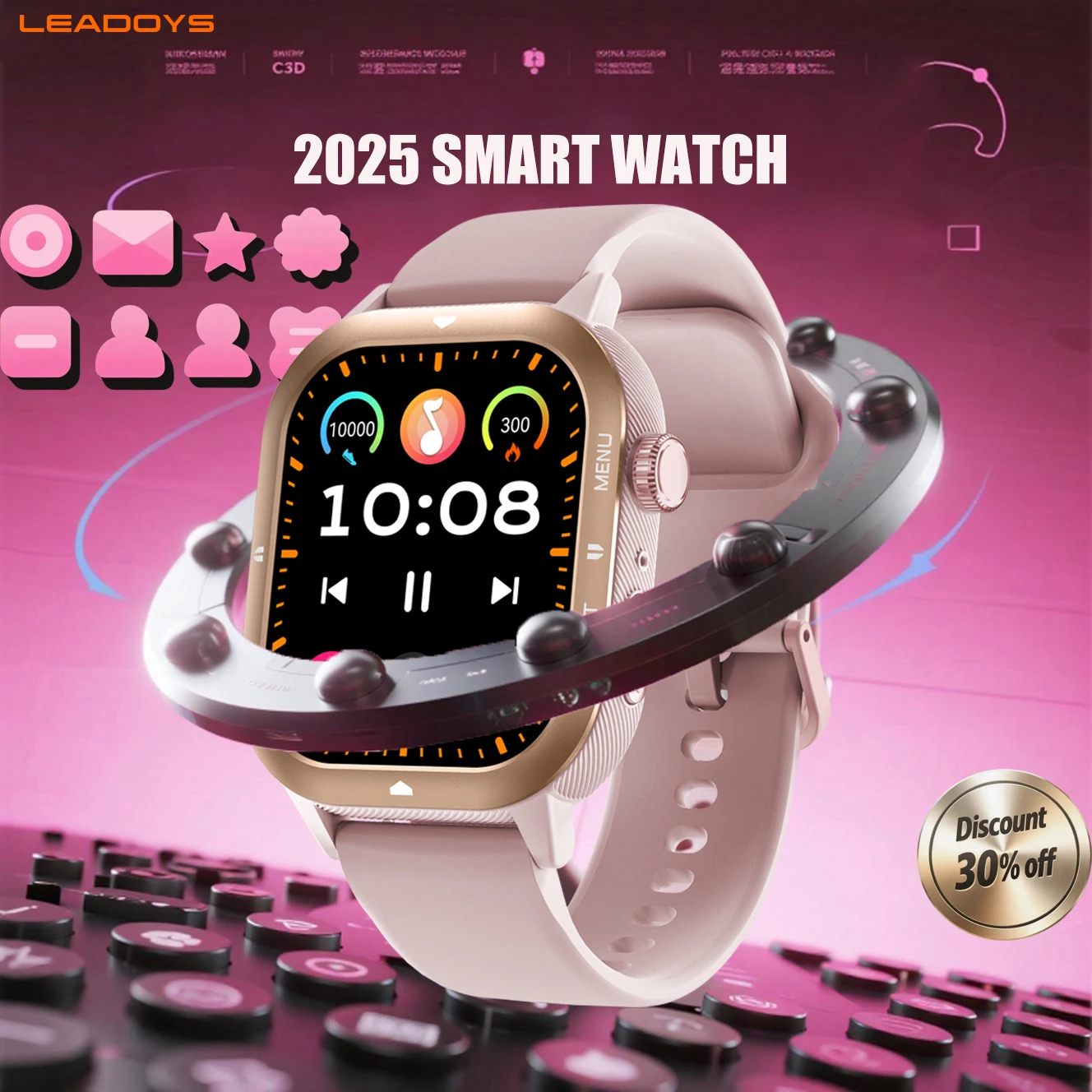 ساعة Leadoys C30 الذكية موديل 2025 - تعمل بتقنية البلوتوث مع خاصية تتبع السعرات الحرارية والرد على المكالمات ومراقبة معدل ضربات القلب