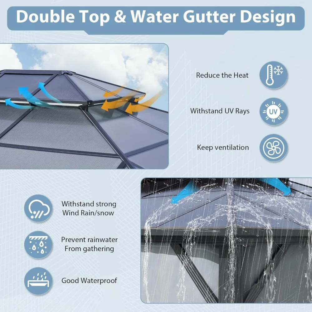 

10'x12' Hardtop Gazebo, Aluminum Framed Outdoor Gazebo with Double Polycarbonate Roof, Durable Pavilion, Customized