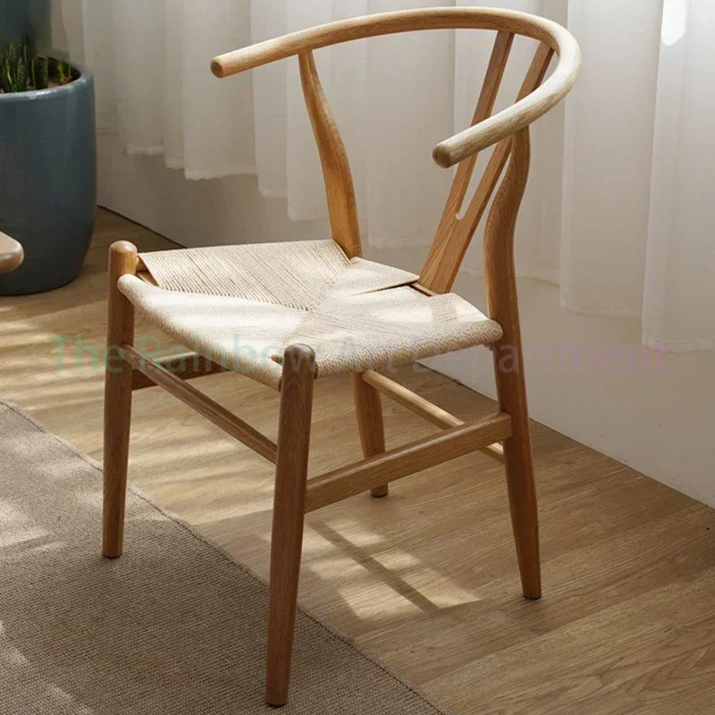 Dining Chair Oak Solid Wood Retro Backrest Dining Chair Rope Woven Hemp Portable Chairs Nordic Kitchen Modern Chairs Wooden