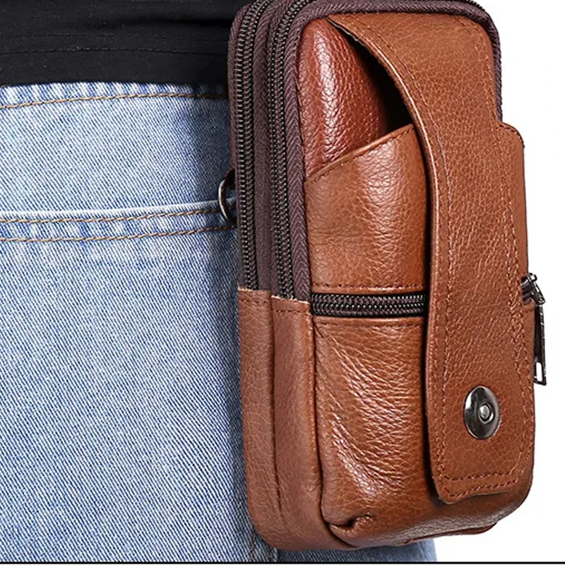 Men Leather Waist Bag Large Capacity Belt Bag Brown Shoulder Bags Crossbody Bags Multi Layer Buckle Mobile Phone Bag Bum Pouch