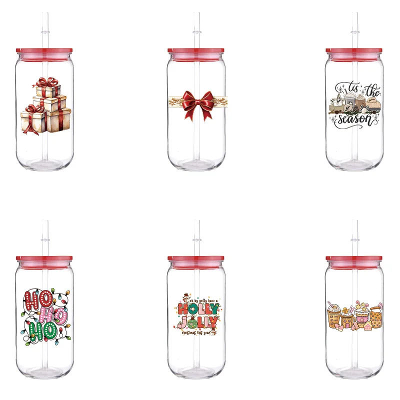 

Christmas 16oz Printed PET Cup With Straw Red Lid Cartoon Pattern High Quality Cups Can Hold Coffee Milk Water