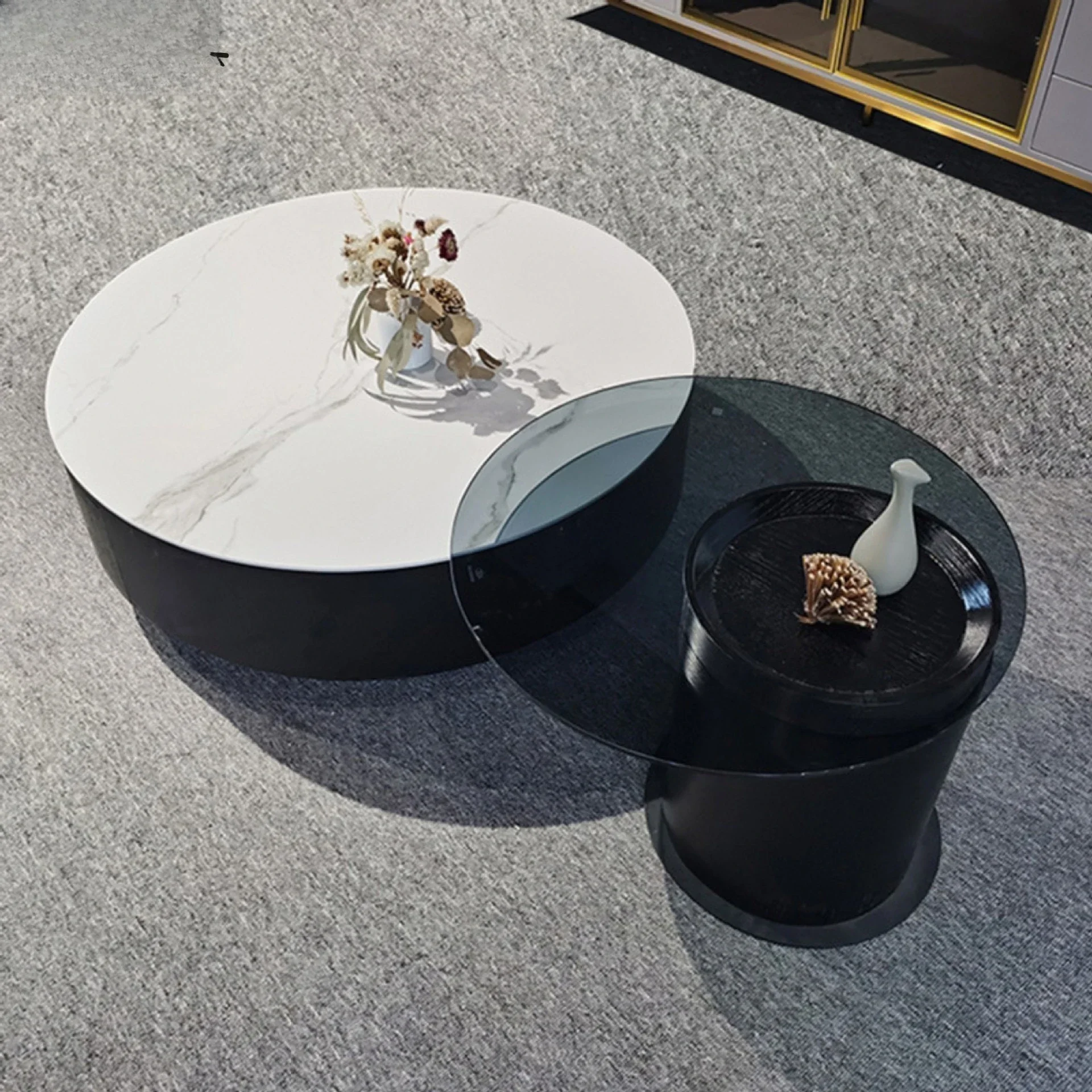 Rock slab round coffee table combination, simple light luxury north white black coffee table, tempered glass edge table living r