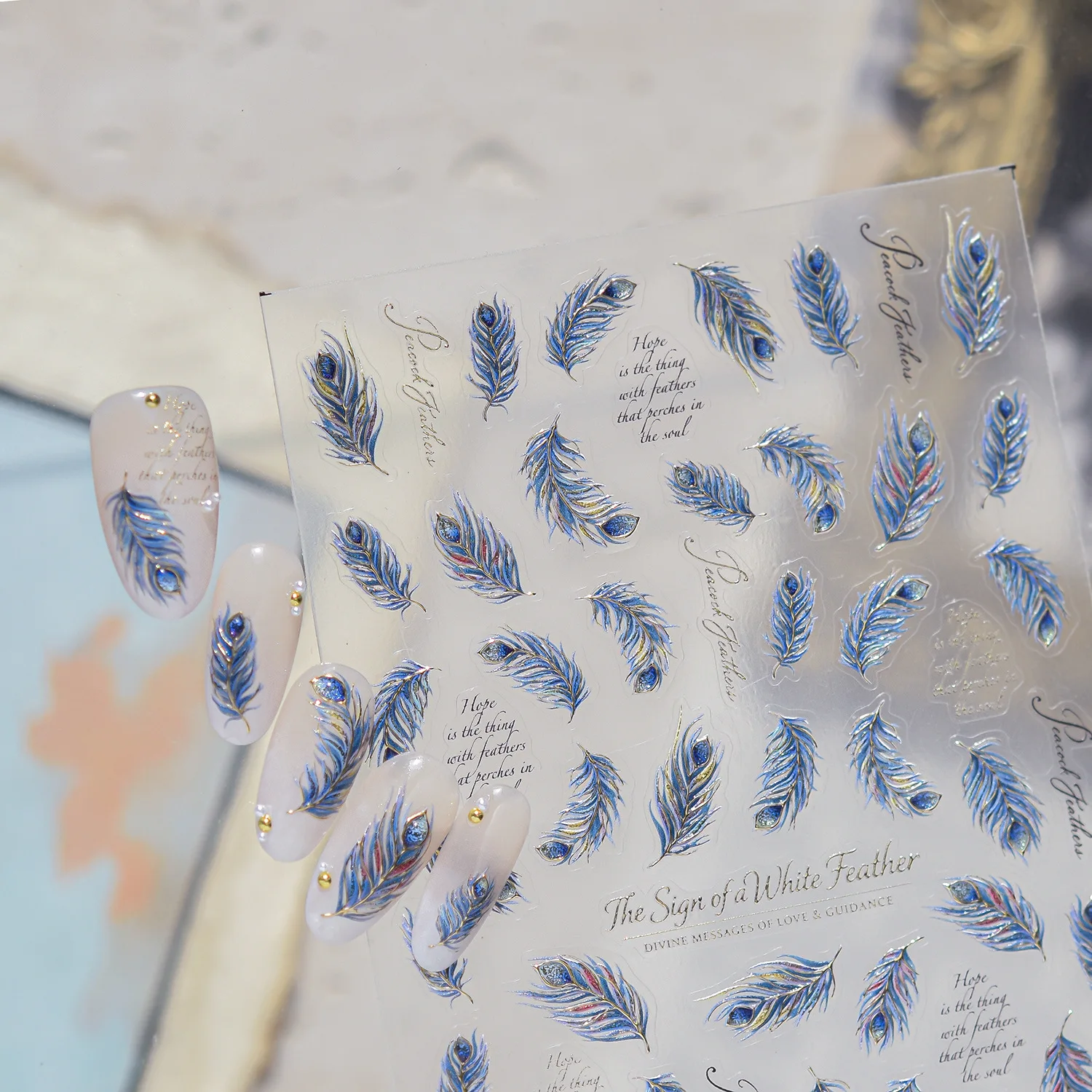5D Embossed Blue Gold Peacock Feather Nail Stickers Retro English Text Nail Art Decals Luxury Boho Manicure Decor Accessories