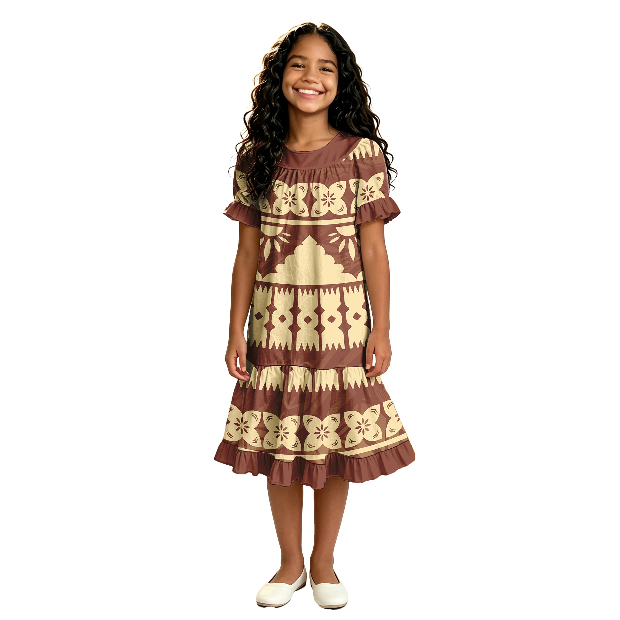 Clothes Custom Polynesia Girls Casual Beach Party O-Neck Tribal Design Ruffles Samoan Dress Children Tribal Island Dress Pacific