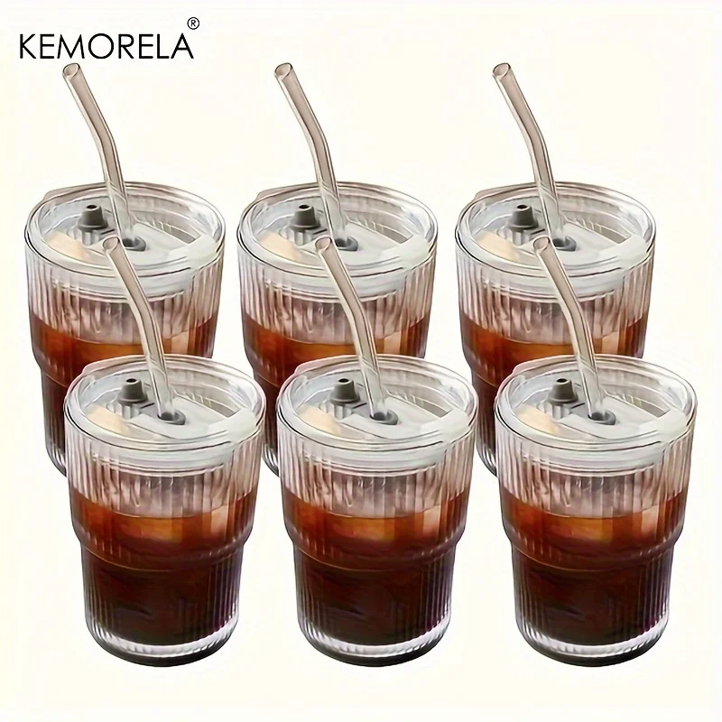 4/6PCS 450ml Stripe Glass Cup Transparent Glasses With Lid and Straw Ice Coffee Mug Tea Cup Juice Glass Milk Water Cup Drinkware