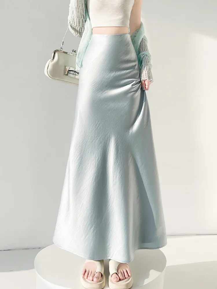 

Новая летняя женская юбка миди с высокой талией, драпированная, из ацетатного шелка и атласа, с эффектом «рыбий хвост», для офиса, с блестящей нитью, женская.