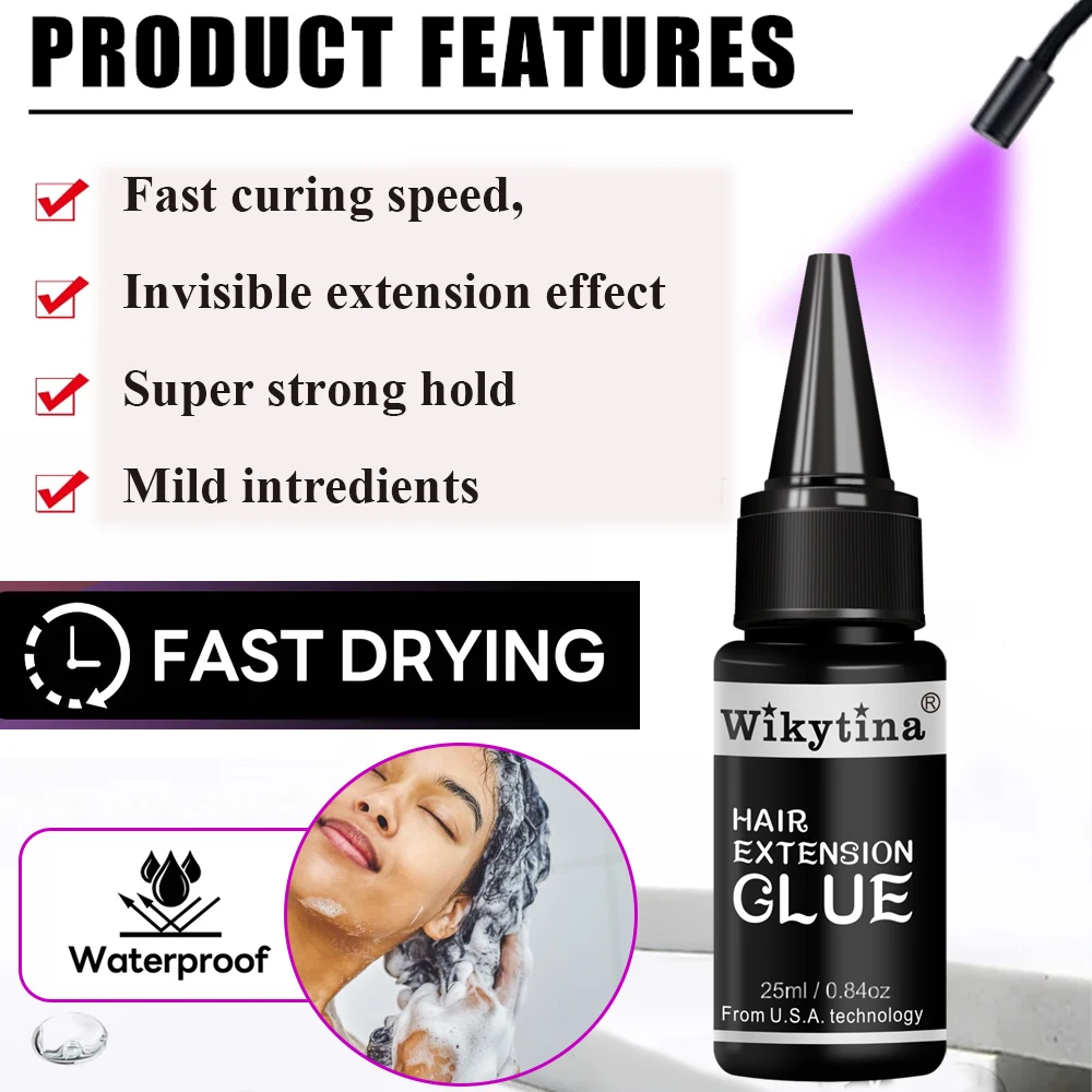 Wikytina Kit ekstensi rambut fuman, sambungan lem tidak terlihat dengan teknologi sinar UV untuk mencangkok cepat dan mulus 25ml