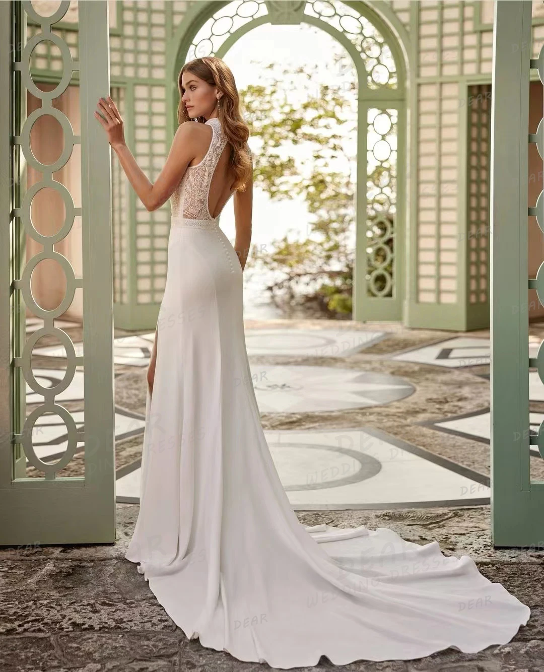 Elegant Sweep Train Wedding Dresses Mermaid Woman's Sexy Appliques High Neck Bridal Gowns Sleeveless Side Split Robe De Mariée