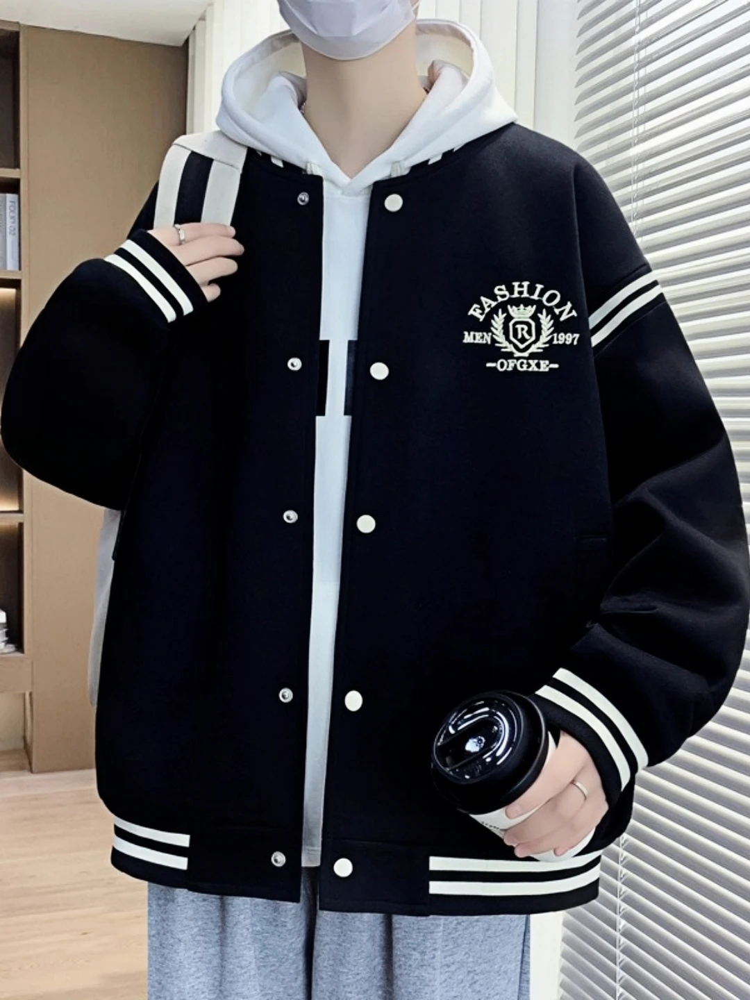 

American Sle Baseball Jaet Men's Casual Loose plus Size Spring Autumn Faionable No Collar Coat Polyester Fabric